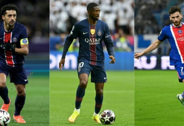 De gauche à droite, les joueurs du PSG Marquinhos, Ousmane Démbélé et KhvichaKvaratskhelia, tous trois sortis blessés lors du match contre le FC Barcelone, le 20 octobre 2026 au Parc des Princes