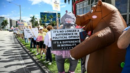 Des manifestants participant à un défilé "No kings" ("Pas de rois") contre Donald Trump, dans la capitale américaine Washington le 18 octobre 2025
