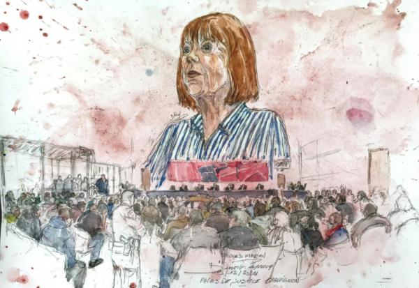 Un croquis de Gisèle Pelicot lors de l'audience qui a condamné son ex-mari à la peine maximale de 20 ans de prison, le 19 décembre 2024, à Avignon