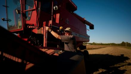 David Schacht, 69 ans, monte dans sa moissonneuse-batteuse pour récolter le soja dans sa ferme de Canal Winchester, dans l'Ohio, le 26 septembre 2026
