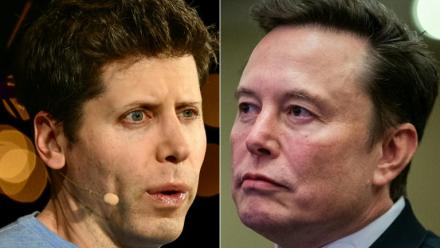 Combinaison d'images créée le 27 décembre 2024 du patron d'OpenAI Sam Altman, le 17 octobre 2023 à Laguna Beach, en Californie (à gauche), et celui de Tesla et SpaceX Elon Musk, le 13 novembre 2024 à Washington
