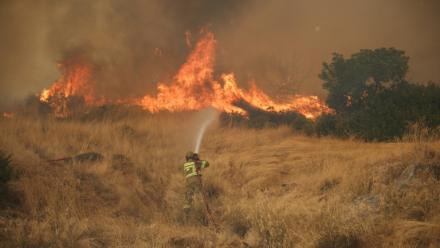Un pompier tente d'éteindre un feu qui fait rage dans la région de Megara, au nord-ouest d'Athènes, le 3 août 2026.
