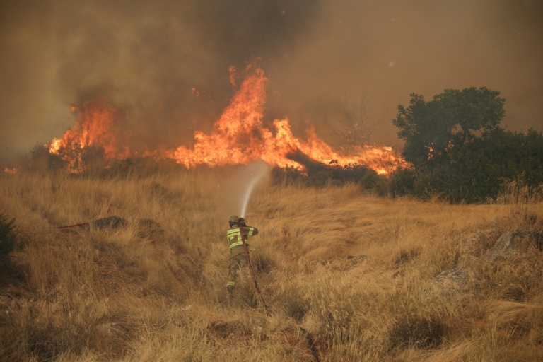 Un pompier lutte contre un incendie dans la région de Megara, à l'ouest d'Athènes, le 3 août 2026