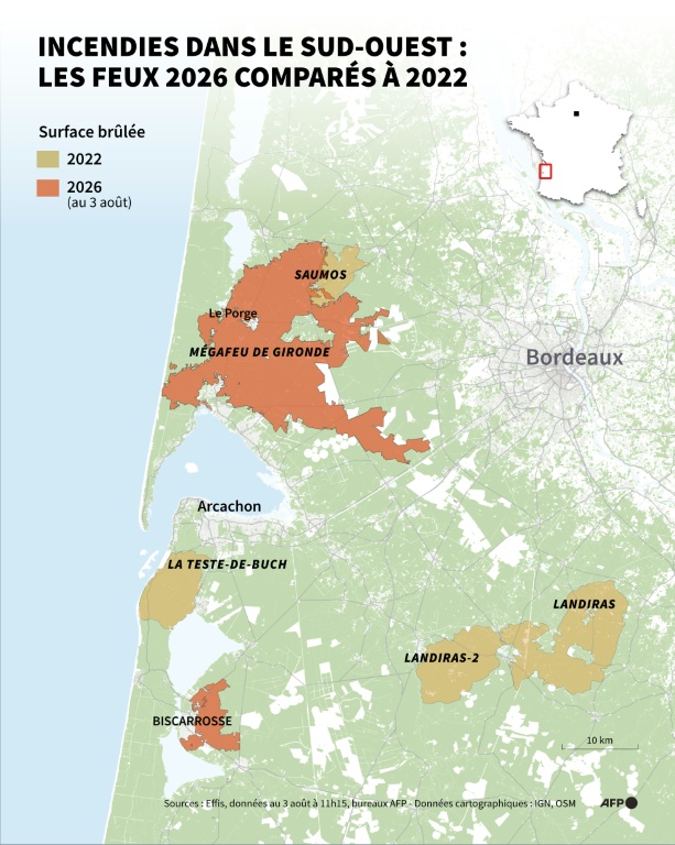 Incendies dans le Sud-Ouest: les feux de 2026 comparés à 2022