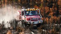 Un camion de pompiers au milieu d'une végétation en partie détruite par un incendie à Lège-Cap-Ferret, en Gironde, le 1er août 2026 