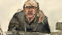 Croquis d'audience du 24 février 2025 montrant l'ex-chirurgien Joël Le Scouarnec à l'ouverture de son procès à Vannes pour viols et agressions sexuelles sur 299 patients 