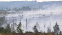 De la fumée s'échappet du sol et de la végétation brûlés lors d'un incendie de forêt dans la réserve naturelle des Hautes Fagnes, au sud-est de Bruxelles, le 17 août 2026 en Belgique