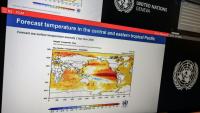 Un graphique montrant l'évoluation du phénomène El Nino, lors d'une conférence de presse de l'Organisation météorologique mondiale à Genève, le 3 septembre 2026