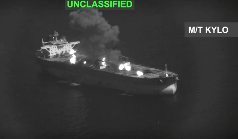 Image tirée d'une vidéo, le 5 septembre 2026, diffusée par le Commandement central des États-Unis (CENTCOM) sur X montrant ce que le CENTCOM présente comme une frappe des forces armées américaines contre un pétrolier iranien, le M/T Downy, au large de l'île de Kharg