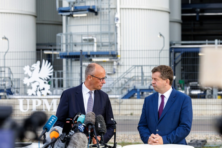 Le chancelier allemand, Friedrich Merz (G), et le ministre-président de Saxe-Anhalt et tête de liste aux élections régionales, le conservateur Sven Schulze (D), le 3 septembre 2026 à Leuna, dans l'est de l'Allemagne
