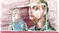 Ce dessin d’audience réalisé le 19 mai 2026 montre l’Allemand Martin Ney, accusé d’enlèvement et du meurtre du petit Jonathan Coulom, 10 ans, disparu en avril 2004, dans la salle d’audience lors du premier jour de son procès à Nantes