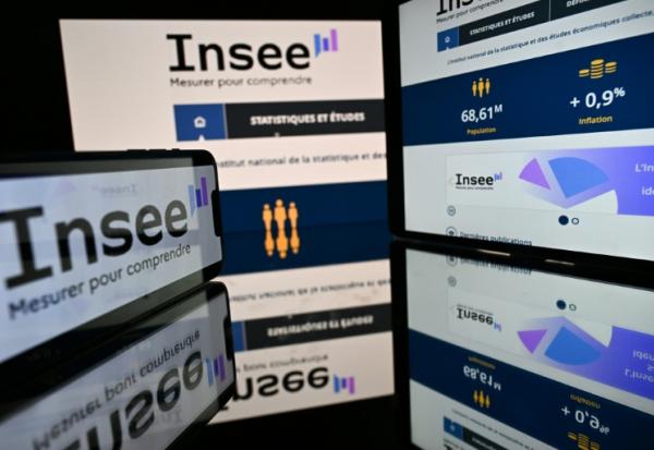 Des écrans affichant le logo de l’Institut national de la statistique et des études économiques (INSEE) à Toulouse, le 8 septembre 2025