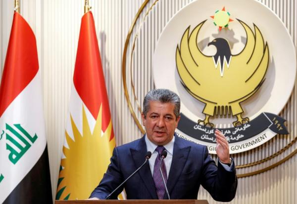 Masrour Barzani, Premier ministre du Kurdistan irakien autonome, donne une conférence de presse à Erbil, capitale de la région autonome, le 25 juin 2025