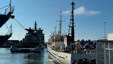 Photo prise le 31 juillet 2026 et fournie par la Fondation Paul Watson le 1er août 2026 montrant à droite le Bandero, navire de la Fondation, flanqué à gauche par un bateau des garde-côtes islandais, dans le port de Reykjavik