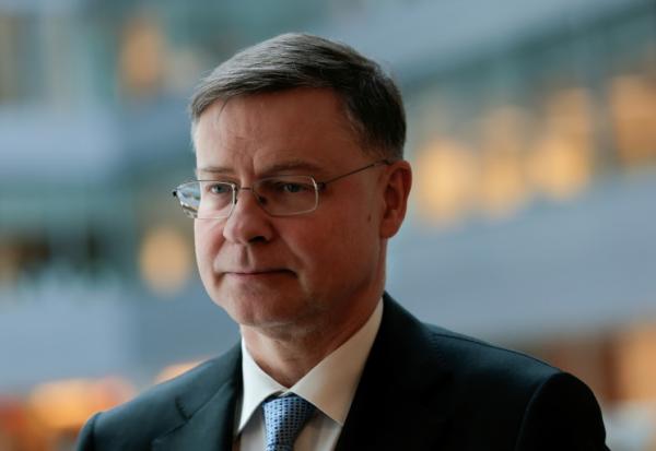 Le commissaire européen à l'Economie Valdis Dombrovskis, lors des réunions de printemps du FMI et du Groupe de la Banque mondiale à Washington, le 16 avril 2026