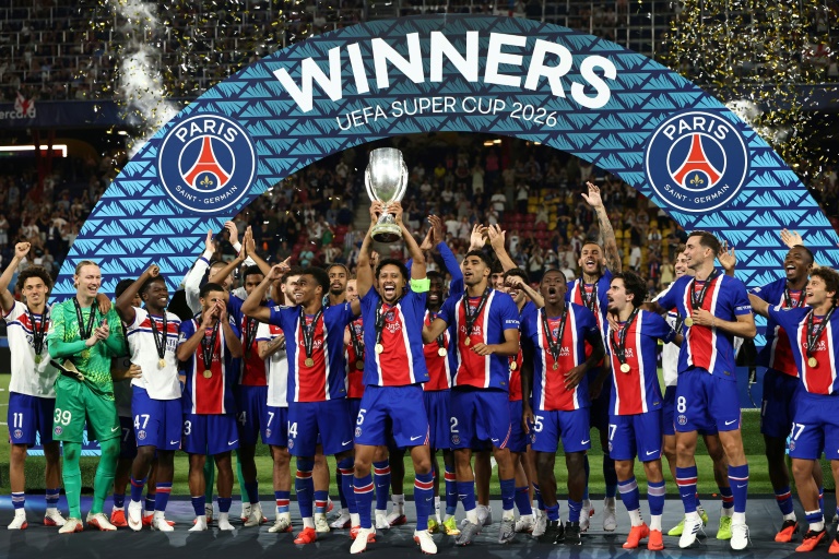 Les joueurs du PSG le soir de leur victoire en Supercoupe d'Europe contre Aston Villa à Salzbourg en Allemagne le 12 août 2026 