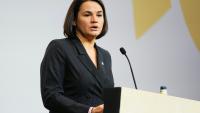 La cheffe de l'opposition bélarusse en exil Svetlana Tikhanovskaïa le 2 octobre 2025 lors d'une conférence à Copenhague
