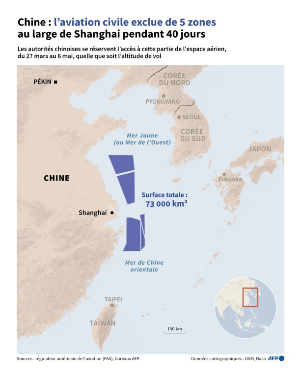 Chine : l'aviation civile exclue de 5 zones au large de Shanghai pendant 40 jours