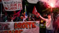 Manifestation contre la dissolution de La Jeune Garde, organisation antifasciste d'extrême gauche, près de la préfecture de Lyon, le 6 mai 2025 dans le Rhône