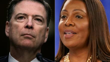 Combinaison de photos créée le 24 novembre 2025 montrant (à gauche) l'ancien directeur du FBI, le 8 juin 2017 au Capitole, à Washington, et (à droite) la procureure générale de l'Etat de New York, Letitia James, à New York le 16 février 2024