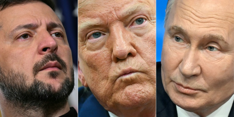 Combinaison d'images réalisée le 25 mai 2025 du président ukrainien Volodymyr Zelensky, à gauche, du président américain Donald Trump, au centre et du président russe Vladimir Poutine, à droite