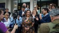 Melouka Hadj Mimoune (c), alors suppléante du candidat LFI à la députation Gabriel Amard (d) lors d'un point presse à Villeurbanne, le 13 mai