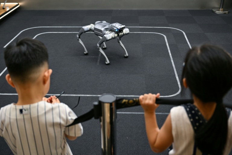 Des enfants regardent un robot télécommandé de Unitree lors d’une visite du Centre d’expérience de l’intelligence incarnée de Unitree Robotics, dans le district de Jing’an à Shanghai, le 19 août 2026