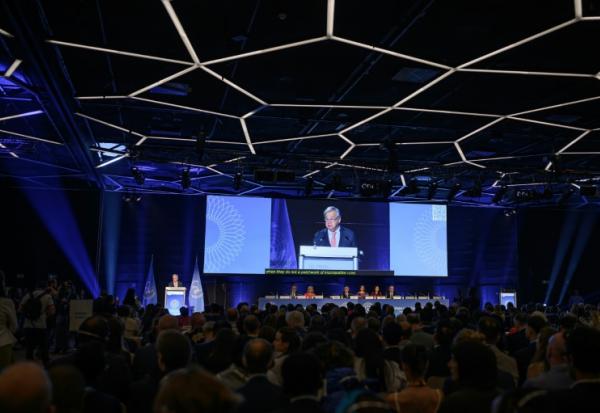 Le secrétaire général de l'ONU, António Guterres, lors d'un discours d'ouverture du premier Dialogue mondial sur la gouvernance de l'IA, le 6 juillet 2026 à Genève