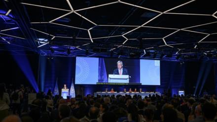 Le secrétaire général de l'ONU, António Guterres, lors d'un discours d'ouverture du premier Dialogue mondial sur la gouvernance de l'IA, le 6 juillet 2026 à Genève