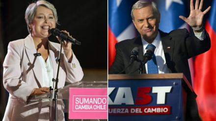 Montage photos du 11 décembre 2025 montrant la candidate de gauche à la présidentielle chilienne Jeannette Jara et son rival d’extrême droite José Antonio Kast 
