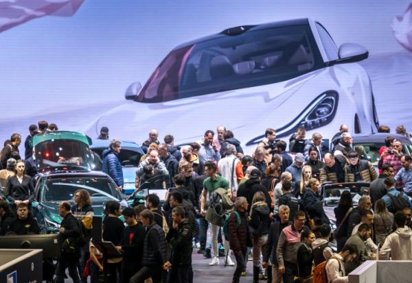 Stand of MG Motor, marque contrôlée par SAIC, au salon de l'auto de Genève, le 28 février 2024.