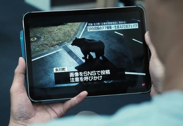 Un homme regarde un reportage télévisé présentant une fausse photo d'ours créée à l'aide d'une intelligence artificielle et publiée sur les réseaux sociaux, à Tokyo, le 27 novembre 2025