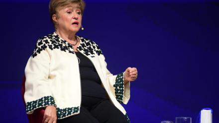 La cheffe du Fonds monétaire international (FMI) Kristalina Georgieva, lors d'une conférence organisée par la banque centrale de l'Uruguay à Montevideo le 30 juillet 2026