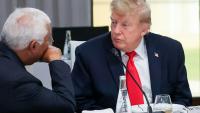 Le président américain Donald Trump avec à sa gauche le président du Conseil européen Antonio Costa lors du G7 à Evian en Haute-Savoie le 16 juin 2026