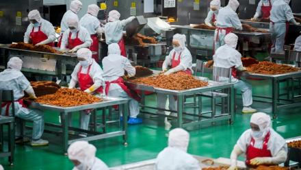 Des ouvriers préparent des lamelles de farine pour les aromatiser avant leur conditionnement à l'usine Mala Wangzi, du comté de Pingjiang, dans la province du Hunan, le 17 juin 2026 dans le centre de la Chine