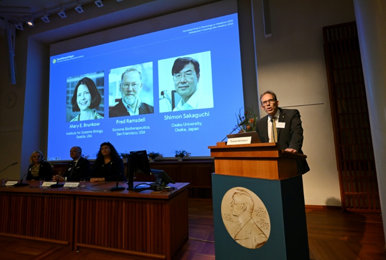 Le secrétaire général du comité Nobel Thomas Perlmann (d) près des portraits de Mary E. Brunkow, Fred Ramsdell et Shimon Sakaguchi, lauréats du Nobel de médecine, à Stockholm le 6 octobre 2025