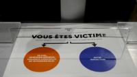 Une affiche à l'accueil d'un commissariat indiquant "Vous êtes victime de : viol ou agression sexuelle ou violence conjugale / Autre infraction" pour les victimes potentielles sans rendez-vous ou pour préciser leur grief, le 9 février 2024 à Bordeaux