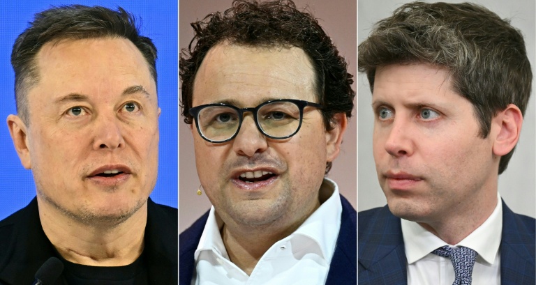 Montage photo montrant (de gauche à droite) Elon Musk à Davos, en Suisse, le 22 janvier 2026, Dario Amodei, patron d'Anthropic, à Paris le 22 mai 2024, et Sam Altman, patron d'OpenAI, à Washington, le 22 juillet 2025