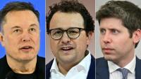 Montage photo montrant (de gauche à droite) Elon Musk à Davos, en Suisse, le 22 janvier 2026, Dario Amodei, patron d'Anthropic, à Paris le 22 mai 2024, et Sam Altman, patron d'OpenAI, à Washington, le 22 juillet 2025