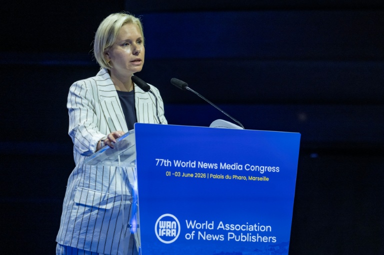 Ladina Heimgartner, présidente de WAN-IFRA et directrice générale du groupe suisse Ringier Médias, au congrès mondial des médias à Marseille, le 1er juin 2026