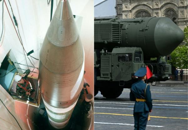Combinaison d'images créée le 5 février 2026 montre, à gauche une image fournie par l'Air Force d'un missile américain dans un silo dans le Dakota, et à droite un missile intercontinental russe sur la place Rouge lors du défilé de la parade militaire du jour de la victoire à Moscou le 9 mai 2025