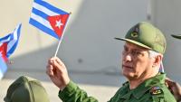 Le président cubain Miguel Diaz-Canel, le 22 mai 2026 pendant une manifestation de soutien à son prédécesseur Raul Castro devant l'ambassade des Etats-Unis à La Havane