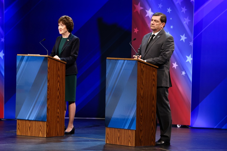 La sénatrice républicaine Susan Collins et son rival démocrate Troy Jackson lors d'un débat à Bangor (Maine), le 15 octobre 2026