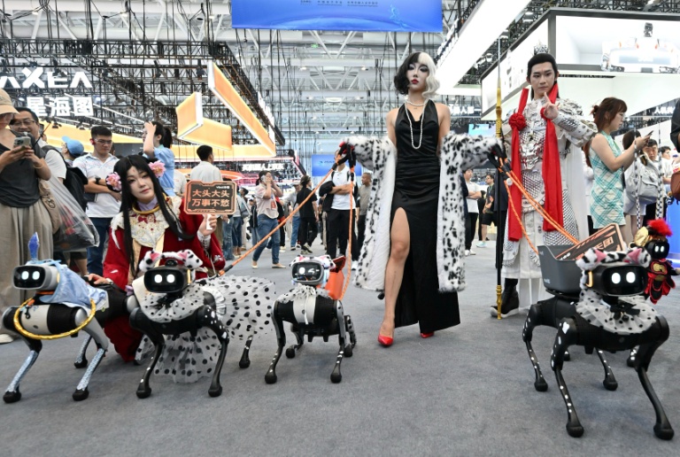 Des robots chiens de l'entreprise Vbot présentés au Salon mondial des robots à Pékin, le 19 août 2026