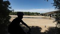 Un cycliste le long de la Loire en partie asséchée à Orléans le 20 juillet 2026
