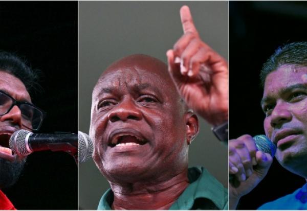 Ce combo d'images d'archives créé le 31 août 2025 montre (de g. à d.) le président sortant du Guyana Mohamed Irfaan Ali, l'oposant Aubrey Norton et le populiste Azruddin Mohamed