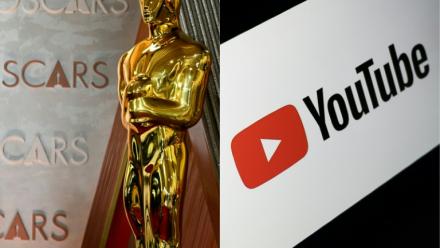 Une statuette des Oscars et le logo de YouTube dans un combo monté par l'AFP le 17 décembre 2025