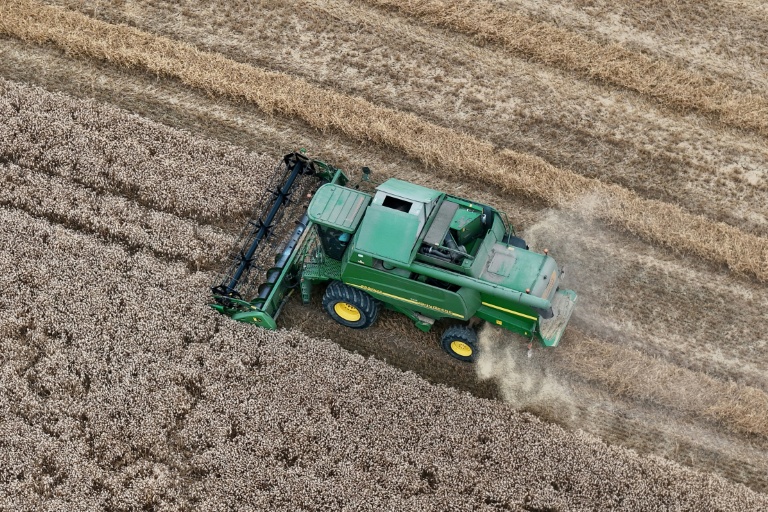 Moissoneuse-batteuse récoltant le blé  le 18 juillet 2025 à Hede-Bazouges, dans le département d'Ille-et-Vilaine, en Bretagne. La récolte mondiale de toutes les céréales devrait pour la première fois dépasser 3 milliards de tonnes.