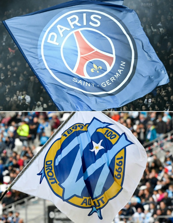 Combinaison de photos des drapeaux de l'Olympique de Marseille et du Paris Saint-Germain brandis en tribune avant le 
