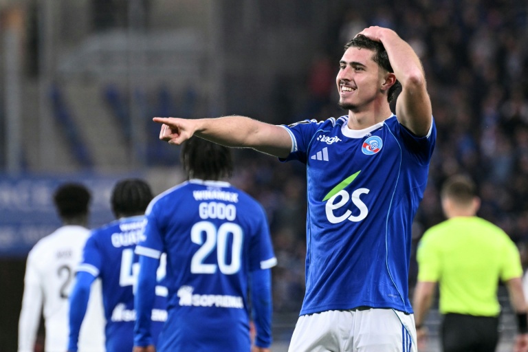 L'ataquant argentin de Strasbourg Joaquin Panichelli a inscrit un doublé contre Angers en match de Ligue 1 le 5 octobre 2025 à Strasbourg
